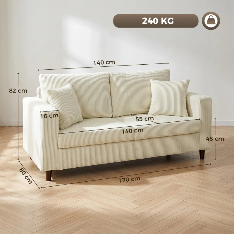 HOMCOM Canapé 2 Places en Velours Côtelé, Canapé de Salon Moderne 170 cm, Assise Large, Coussin à Ressorts, Crème