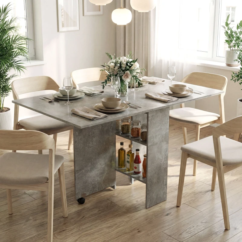 HOMCOM Masă de Dining Pliabilă cu Extensii și Roți cu Frână pentru 4-6 Persoane, Birou Pliabil,140x80x74 cm, Gri Ciment