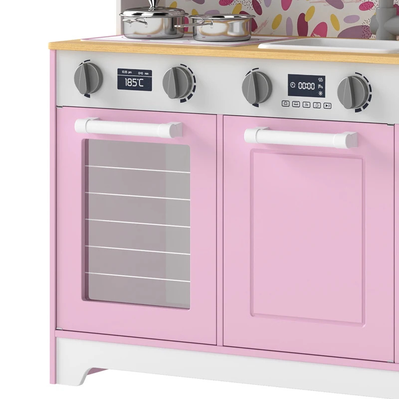 AIYAPLAY Cocina de Juguete de Madera con Accesorios de Acero Inoxidable Cafetera Máquina de Hielo Fregadero Fogones Rosa