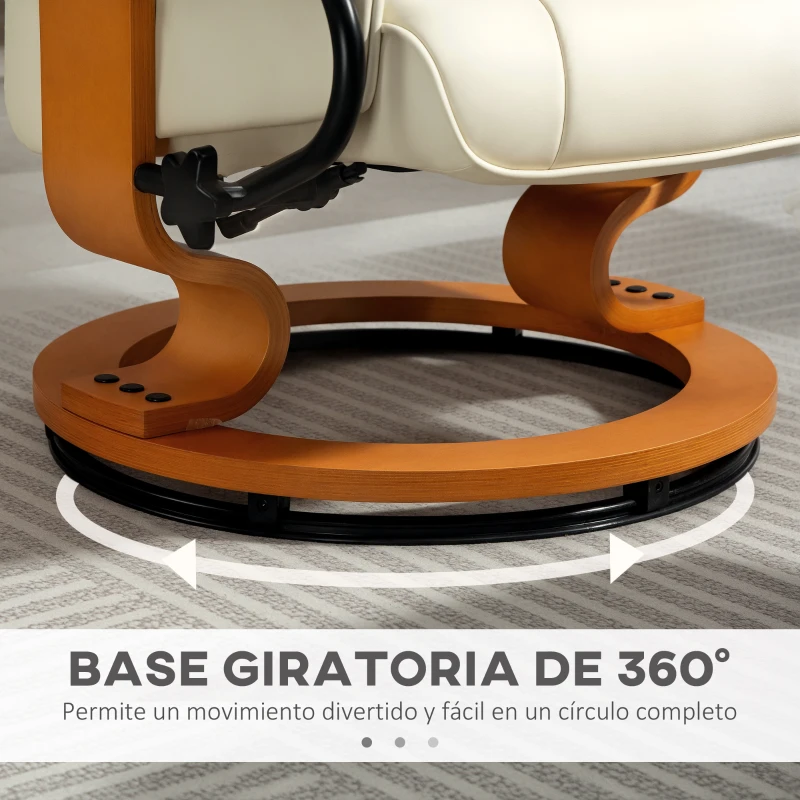 HOMCOM Sillón de relax reclinable con reposapiés, giratorio, marco de madera, revestimiento sintético crema