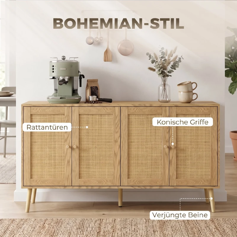 HOMCOM Rotan sideboard met 4 deuren, boho keukenbuffet met 2 verstelbare legplanken, houtlook natuur