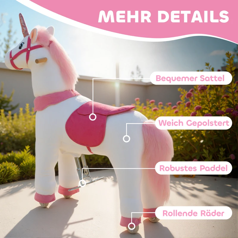 AIYAPLAY Reitpferd für Kinder, Einhorn-Design, Stoffbezug, stabiler Rahmen, sanfte Räder, Schaukelpferd, 3-5 Jahre, Weiß