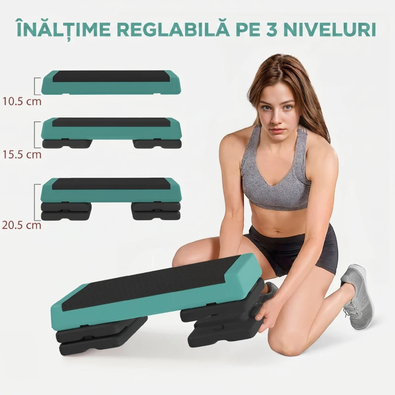 SPORTNOW Stepper Fitness Reglabil la 10,5/15,5/20,5 cm cu Suprafață Antiderapantă și Capacitate 250 kg, Verde