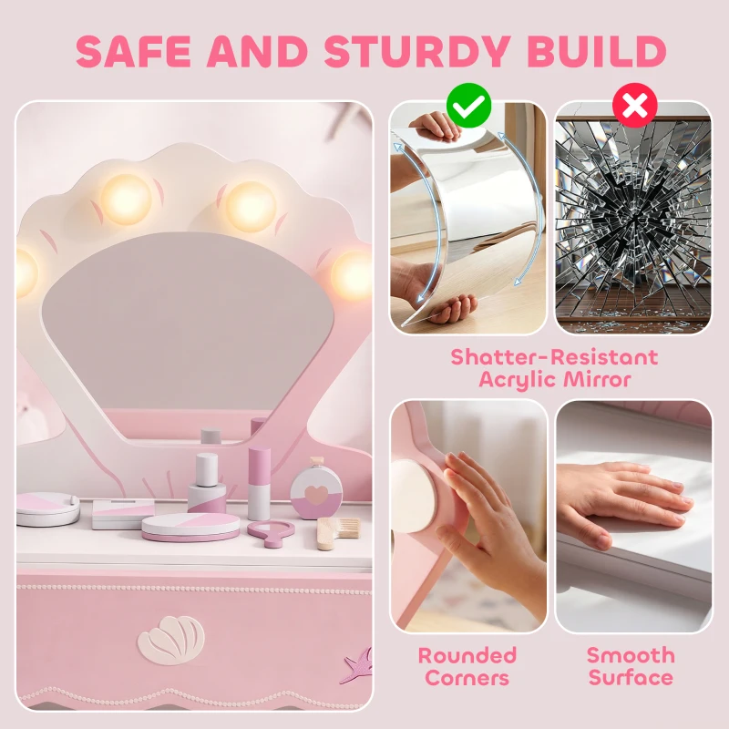 AIYAPLAY Kids Vanity Table, Portable Girls Dressing Table with Lights, Mirror, Drawer, Accessories, Gift for Girls 3-6 Years
