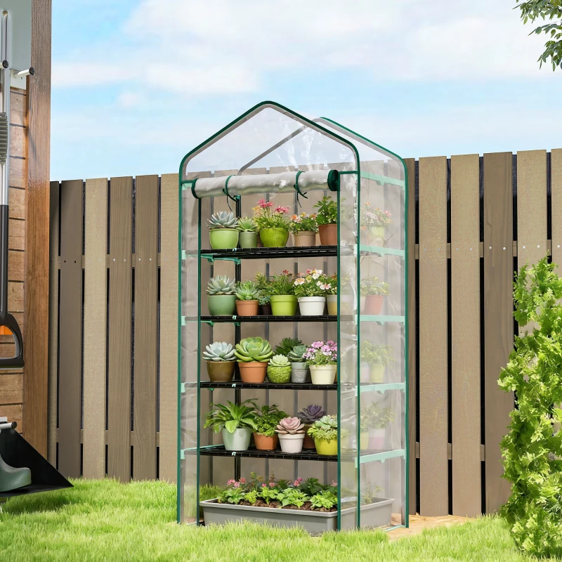 Outsunny Serra a Casetta a 5 Livelli con Ingresso Avvolgibile, in Acciaio e Polietilene, 90x49x193 cm, Trasparente