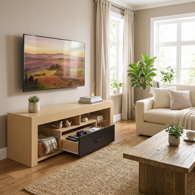 HOMCOM Lowboard RTV do telewizorów do 165,1 cm, nowoczesna szafka RTV z regulowanymi półkami szklanymi, dąb