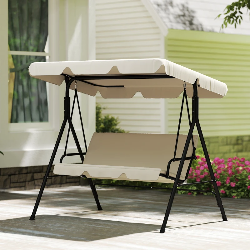 Outsunny Balancín de Jardín Exterior Columpio de 3 Plazas con Toldo Ajustable y Marco de Acero 172x118x153 cm Beige
