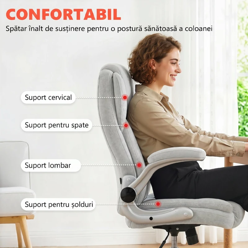 Scaun Ergonomic HOMCOM, Spătar Înalt, Tapițat în Catifea Imprimată, Cotiere Rabatabile, Alb Crem