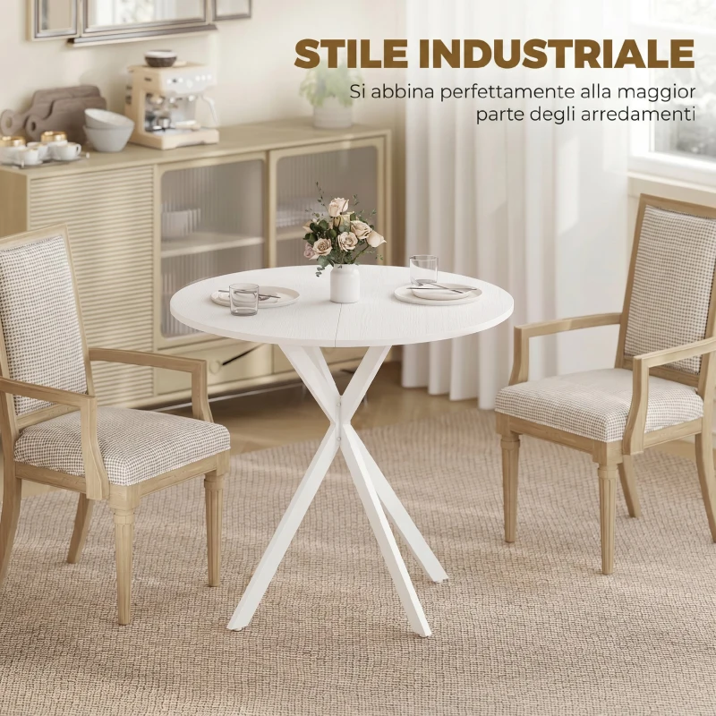HOMCOM Tavolo da Pranzo Rotondo Stile Industriale con Gambe a Croce in Acciaio, Ø80x75 cm, Bianco