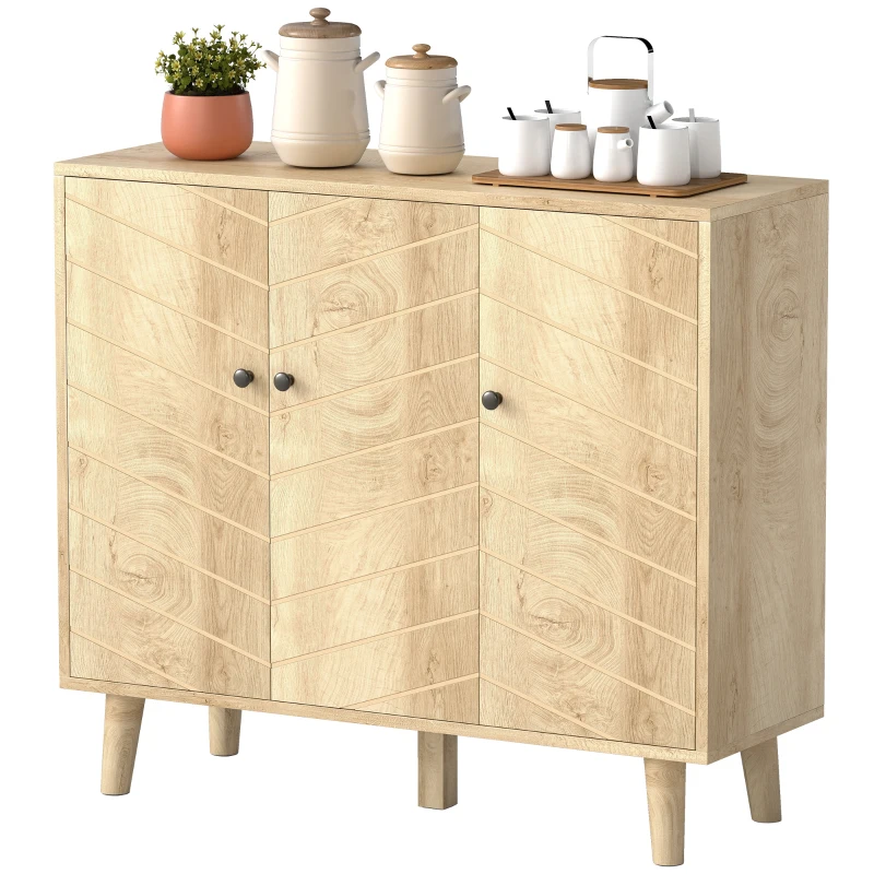 HOMCOM Buffet Cuisine, Meuble de Rangement avec 3 Portes à Motif Chevron et Pieds en Bois de Pin, 88,3x30x76cm, Bois Naturel