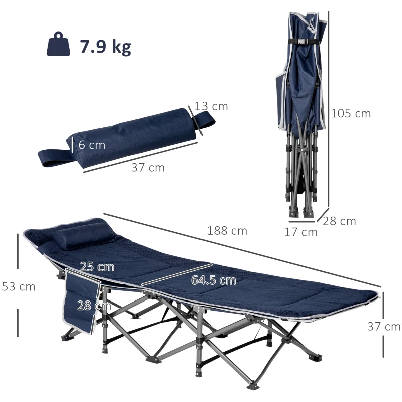 Outsunny Campingbett, klappbares Feldbett mit Kopfkissen, 188 x 64,5 x 53 cm, Dunkelblau