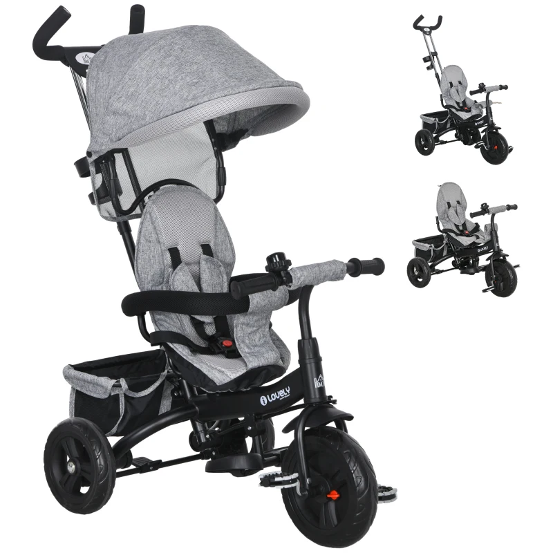 HOMCOM 6-in-1 Kinderdreirad mit Schiebestange, Dach, Gurt, Ablagekorb, für 1-5 Jahre, Grau