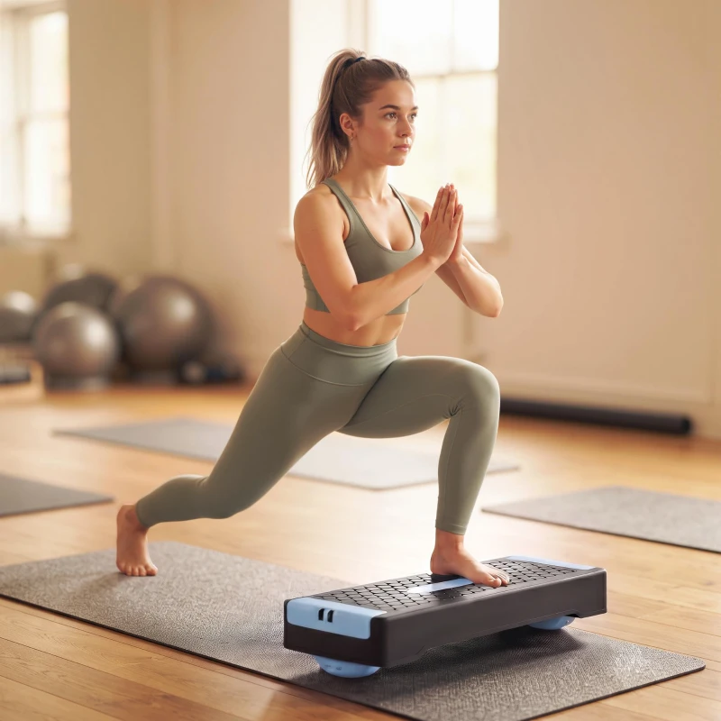SPORTNOW Placă de step reglabilă pe înălțime Fitness Aerobic Stepper cu 2 trepte (11/16 cm) 2 benzi de rezistență, covoraș anti-alunecare Albastru