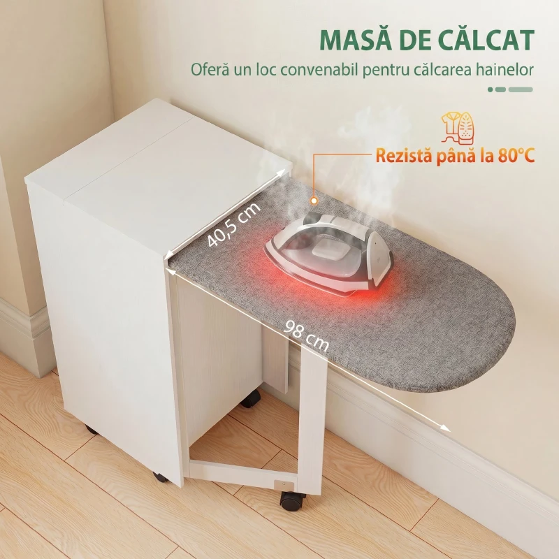 HOMCOM Mobilier pentru Masa de Călcat Pliabil cu Roți, Raft Reglabil și Închidere Soft Close, din Lemn și Material Textil, 128x43x83 cm, Alb
