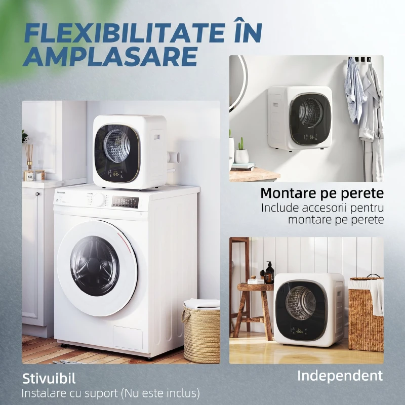 HOMCOM Mini Uscător de Rufe Portabil 4 kg, 5 Programe, 800W, Până la 60℃, Timer, Tambur Oțel Inoxidabil, Casă, Alb