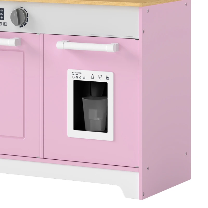 AIYAPLAY Cocina de Juguete de Madera con Accesorios de Acero Inoxidable Cafetera Máquina de Hielo Fregadero Fogones Rosa