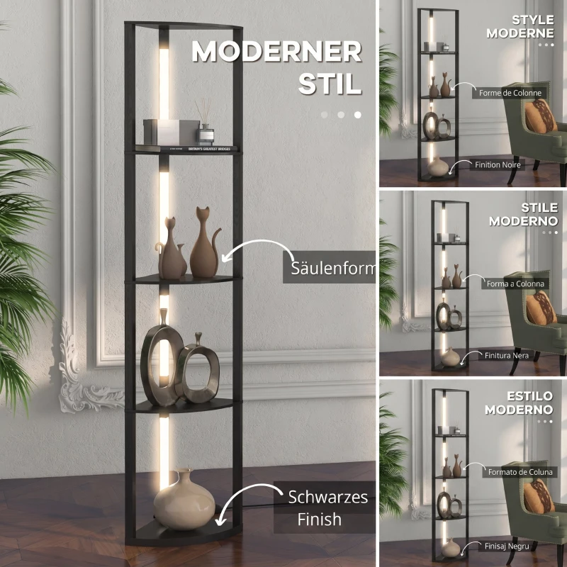 HOMCOM Lampadar Coloană din MDF cu 4 Rafturi și Iluminare LED de 3000K, 41x29.5x163.5 cm, Negru