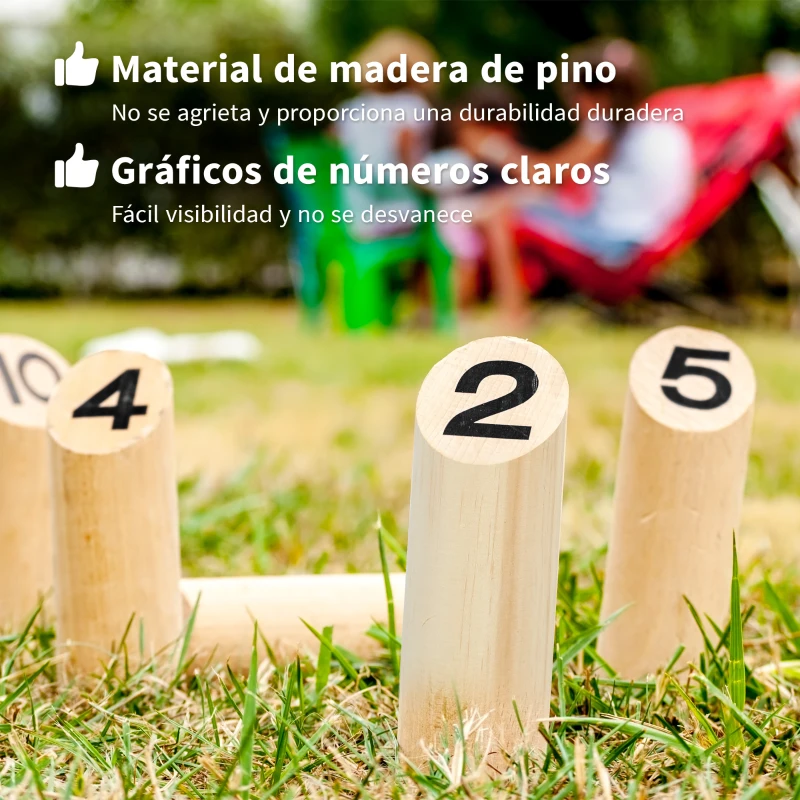SPORTNOW Juego de Bolos Finlandeses de Madera con 12 Bolos 1 Palo y Caja de Transporte para Adultos Jardín Natural