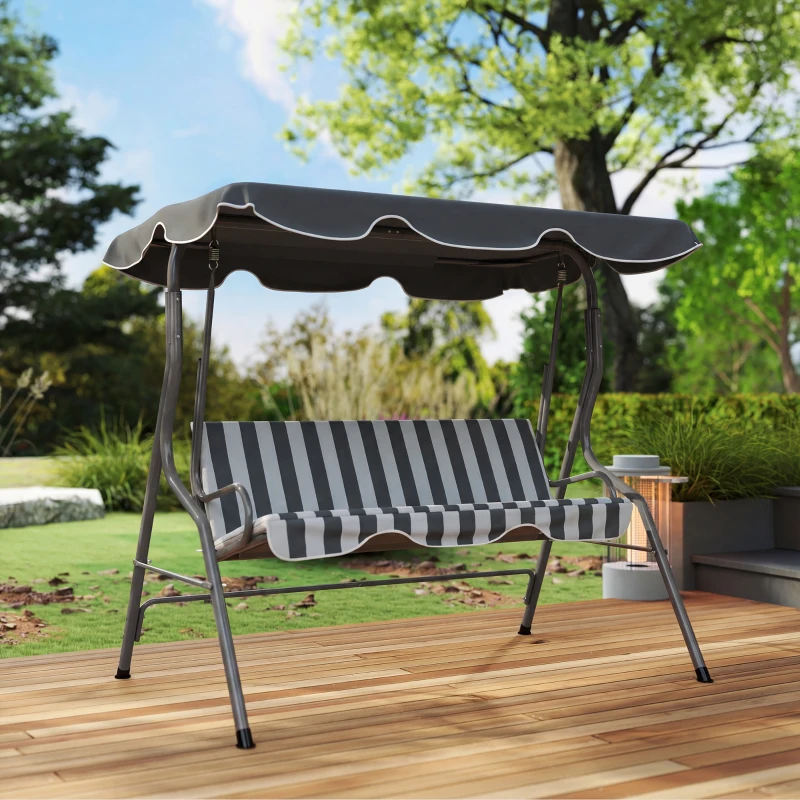 Outsunny Balancelle de Jardin 3 Places Toit imperméabilisé Inclinaison réglable Coussins Assise Dossier gris, blanc rayé