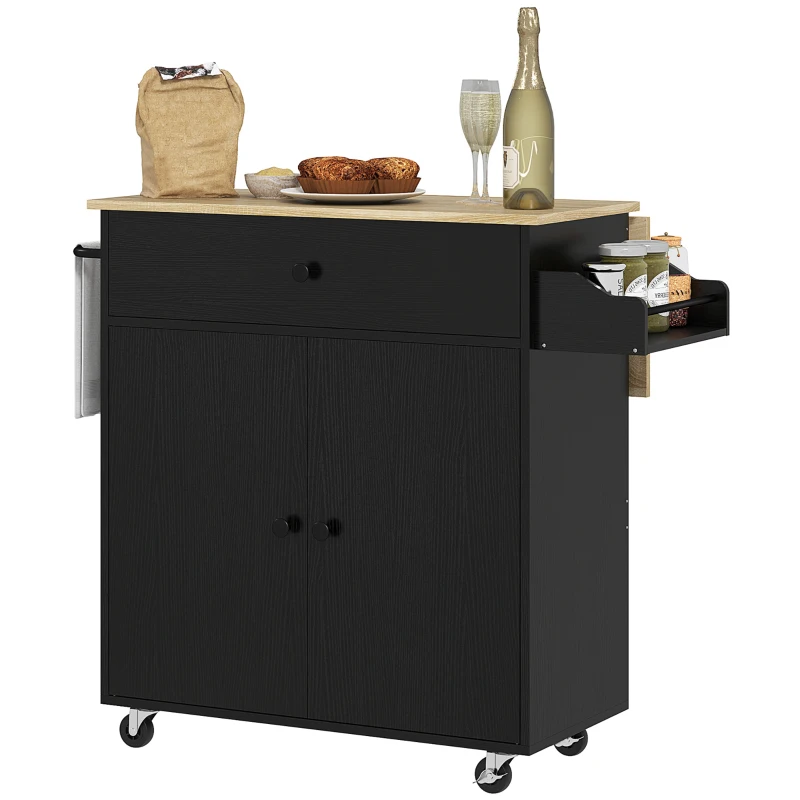 HOMCOM Desserte de cuisine avec tiroir, compartiment, barre porte-serviette, 106 x 42 x 87 cm, Noir/Chêne