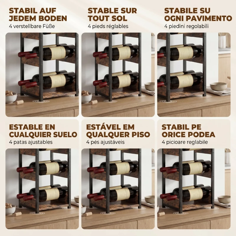HOMCOM Suport pentru Sticle, Rafturi Ondulate, Picioare Reglabile, Maro Rustic, Negru
