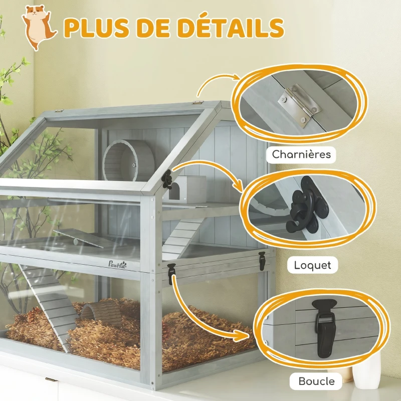 PawHut Cage Hamster Rongeur à 3 Niveaux, Base Amovible Profonde, Cabane, Balançoire, 80x50x76cm Gris Clair