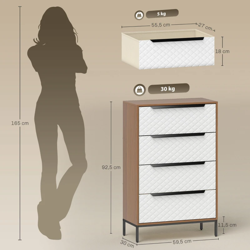 HOMCOM Cómoda com 4 Gavetas de Tecido Frentes com Padrão de Diamante Móvel de Arrumação 59,5,5x30x92,5 cm Madeira e Branco