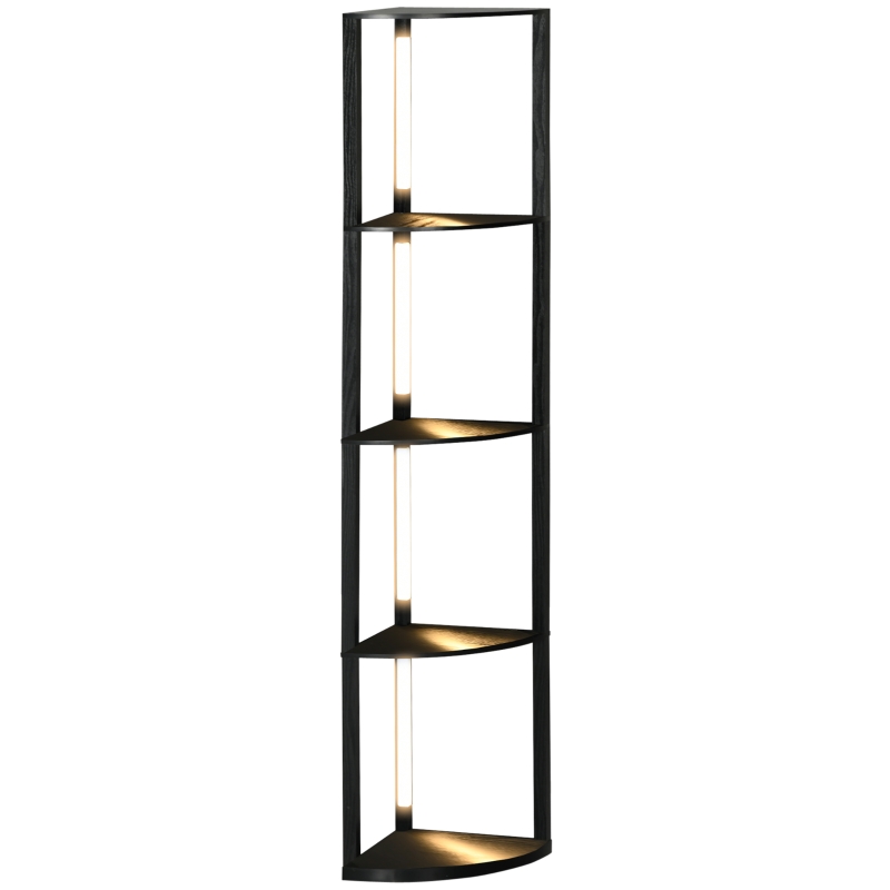 HOMCOM LED Staande Lamp, Hoekplank, Dimbaar, 4 Planken, Warm Wit Licht, 41x30x164cm, Zwart(m-10)