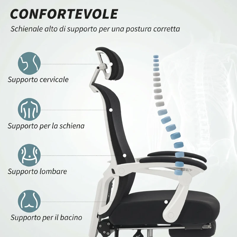 HOMCOM Sedia Ufficio Reclinabile 135° con Poggiapiedi, Supporto Lombare, Poggiatesta, Altezza Regolabile, in Rete, Nero