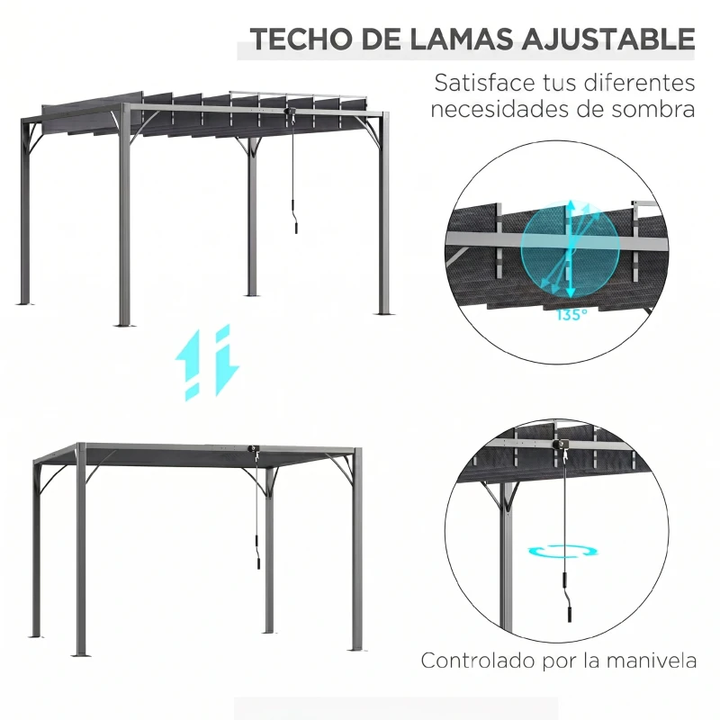 Outsunny Cenador de Jardín 3x3 m con Diseño de Lamas Superior Giratorio hasta 135° Protección UV 50+ y Marco de Aluminio Gris