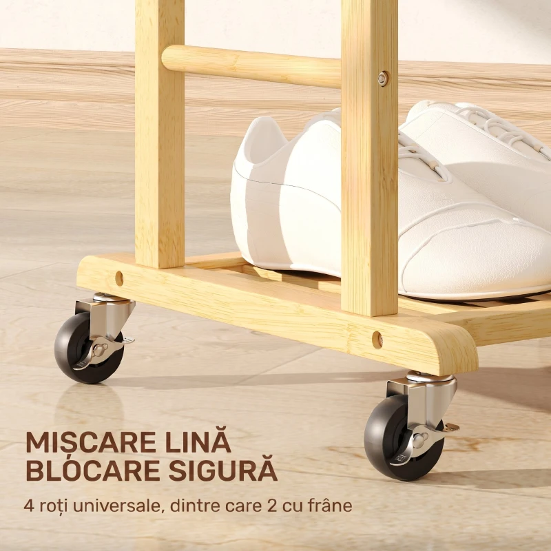 HOMCOM Servomut 4 în 1 pe roți, cu 2 bare, tavă pentru chei și raft pentru pantofi, din bambus, 47x33,7x105,5 cm