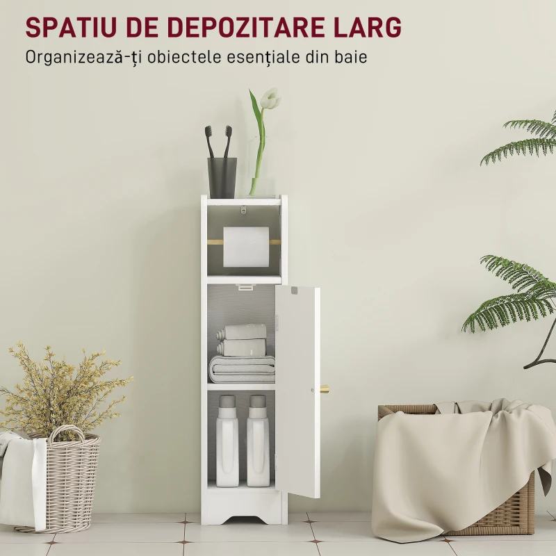 HOMCOM Dulap pentru Hârtie Igienică din Lemn cu Compartiment și Raft Reglabil, 21x20x79 cm, Alb