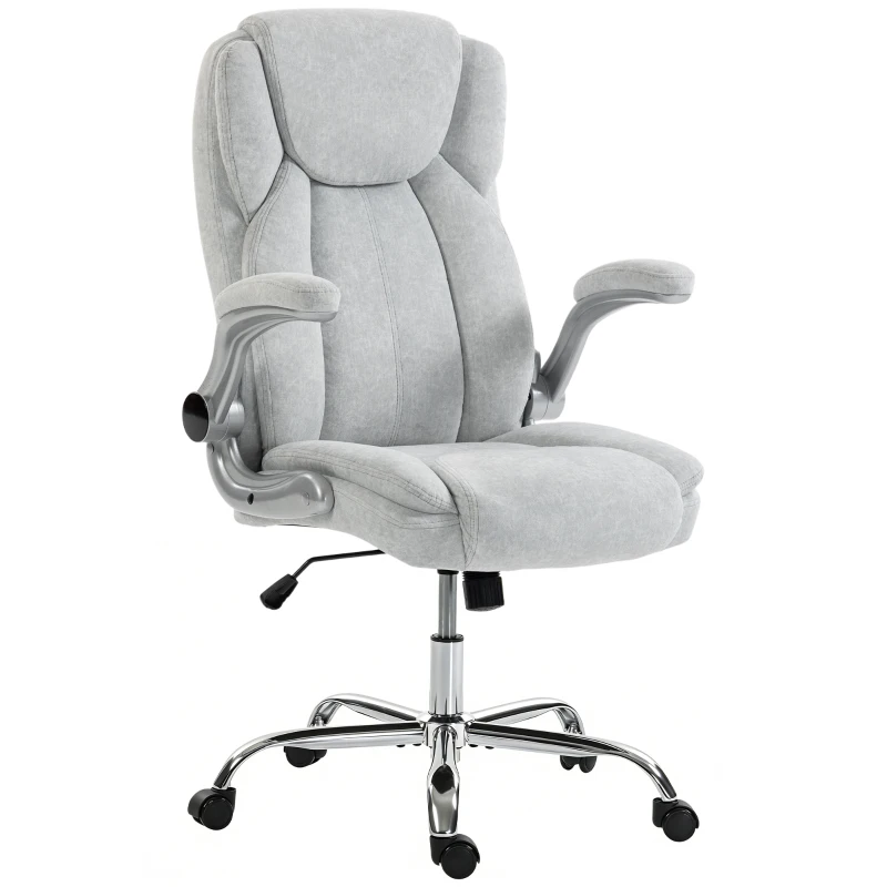 Scaun Ergonomic HOMCOM, Spătar Înalt, Tapițat în Catifea Imprimată, Cotiere Rabatabile, Alb Crem