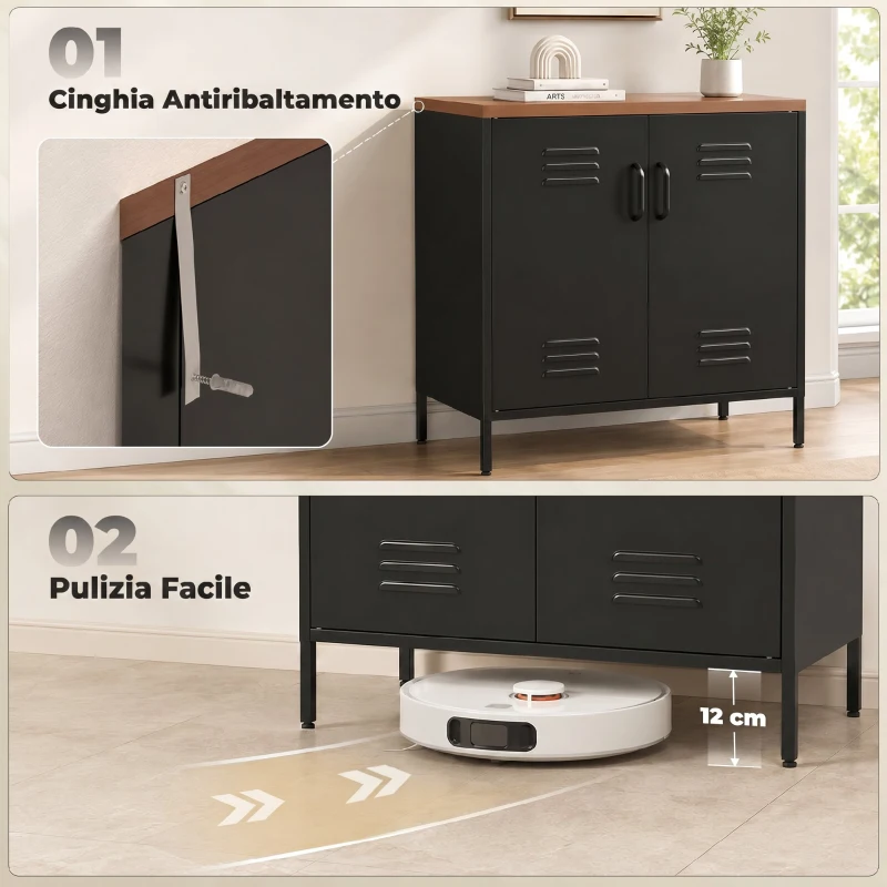HOMCOM Credenza in Metallo Stile Industriale a 2 Ante con Ripiano Regolabile, 80x40x80 cm, Nero
