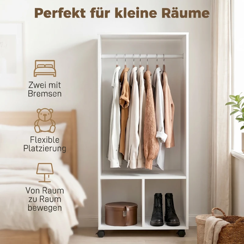 HOMCOM Mobiler Kleiderschrank Garderobe Schrank mit Regal 4 Schwenkräder für Wohnzimmer Schlafzimmer, Aluminiumlegierungen, 60 x 40 x 128 cm, Weiß