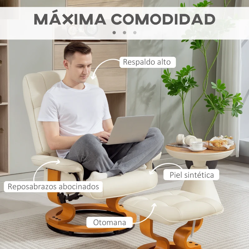 HOMCOM Sillón de relax reclinable con reposapiés, giratorio, marco de madera, revestimiento sintético crema
