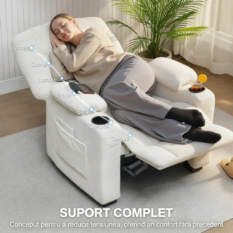 HOMCOM Fotoliu Relax Electric Reclinabil 150° cu Suport pentru Picioare, Funcție Memorie, Telecomandă, din Catifea, Crem