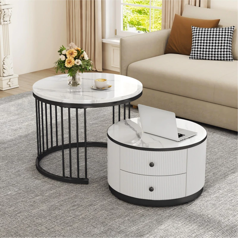 High Gloss Nesting Coffee Table with Marble Pattern Top, Storage Drawers, Modern Round Side Tables for Living Room, White+Black