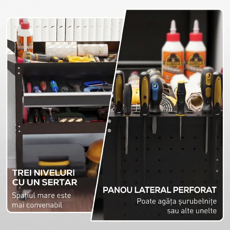 DURHAND Cărucior cu 3 Niveluri din Oțel cu Sertar, Suport Lateral pentru Unelte și Mâner, Negru