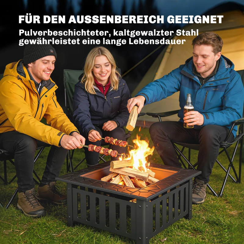 Outsunny Vuurschaal van Staal - Vuurkorf met Vonkenscherm en Pook - Voor Outdoor BBQ of Camping - 67x67x47cm - Zwart