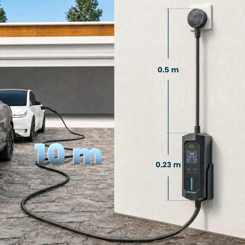 HOMCOM EV Charger Type 2 to 3 Pin Plug, 10 m, 2.8 kW, 6-13 A, Electric Car Charger Type 2 Charging Cable w/ 1-12 h Time Delay
