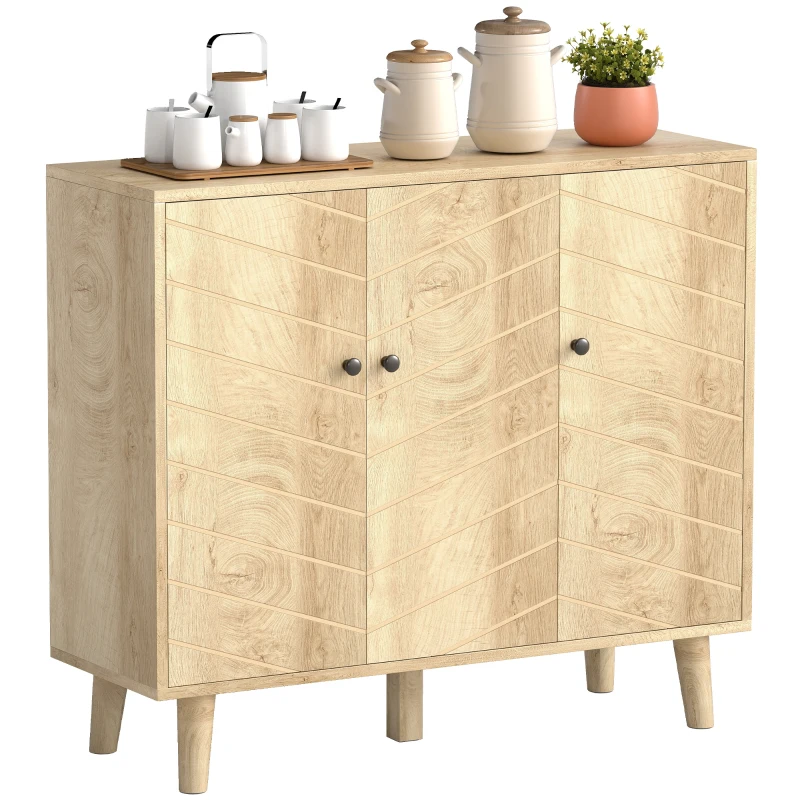 HOMCOM Buffet Cuisine, Meuble de Rangement avec 3 Portes à Motif Chevron et Pieds en Bois de Pin, 88,3x30x76cm, Bois Naturel