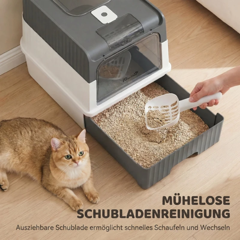 PawHut Katzentoilette, 48L Katzenklo mit Deckel, herausziehbarer Schublade, Vorder- & Ober Ausgang Schaufel für Katzen bis 4 kg