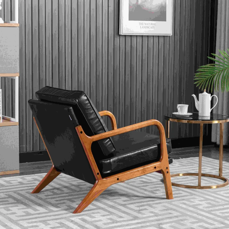 Modern Accent Armchair with Wooden Frame, Soft Cushion, Mid-Century Style, Comfy Chair for Bedroom, Living Room, 65x80x76 cm, Black