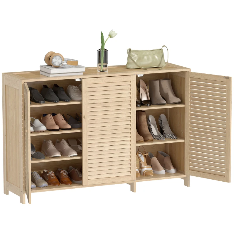 HOMCOM Bambus-Schuhschrank 18 Paar, Schuhschrank mit Lamellentüren und verstellbaren Einlegeböden, Naturholz