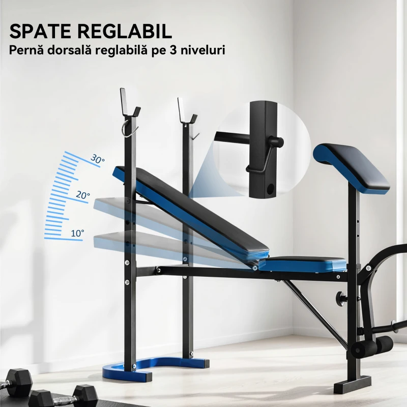 HOMCOM Bancă Multifuncțională cu Suport pentru Haltere și Spătar Reglabil, din Oțel și PU, 155x56.5x120 cm, Negru și Albastru