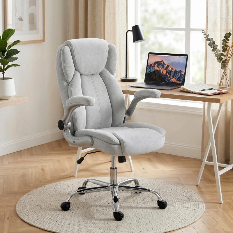 Scaun Ergonomic HOMCOM, Spătar Înalt, Tapițat în Catifea Imprimată, Cotiere Rabatabile, Alb Crem