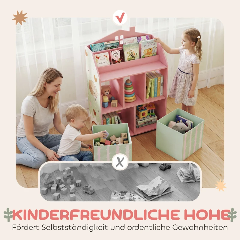 AIYAPLAY Kinderregal Bücherregal Kinder mit 2 Stoffschubladen offen Regal für 3-8 Jahre 62,5x30x91,5 cm Rosa