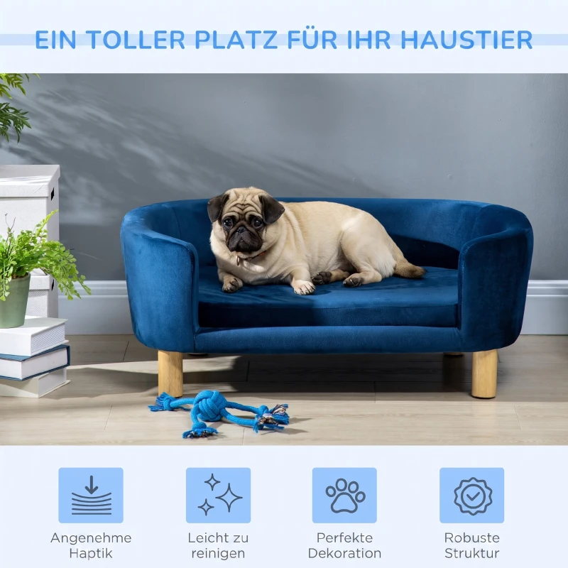 PawHut Hundesofa Hundebett aus holländischem Samt Hundecouch mit Rückenlehne, Holzbeine, Kissen Blau