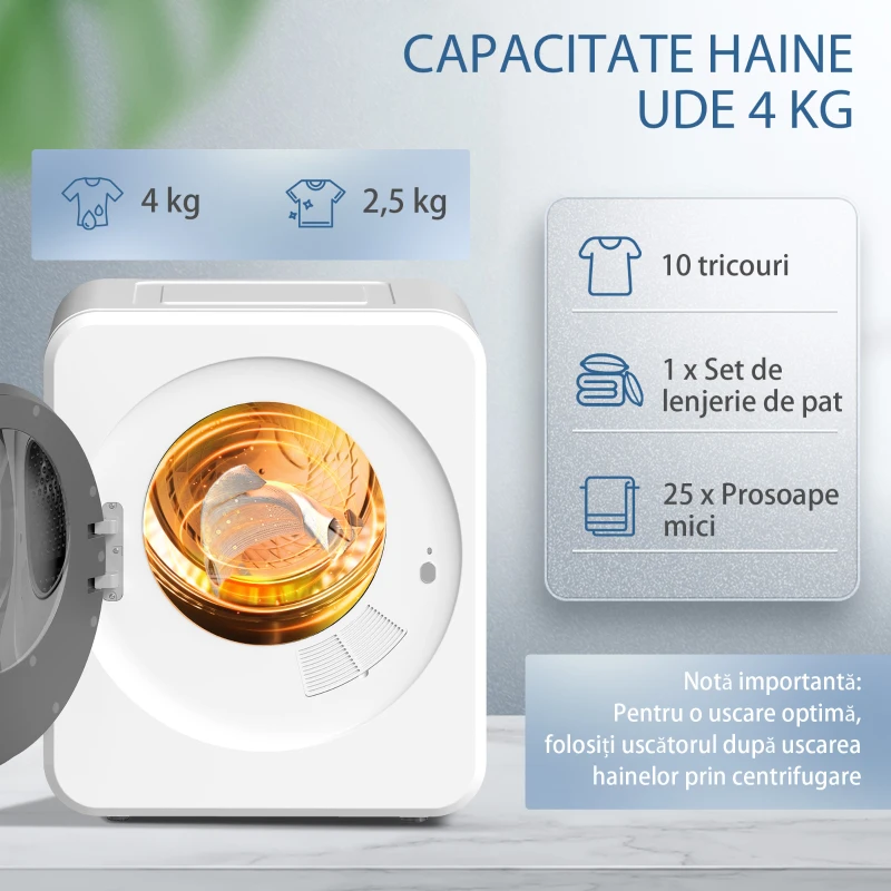 HOMCOM Mini Uscător de Rufe Portabil, 4 kg, Display LED, Compact 800W, ABS,  Tambur din Oțel Inoxidabil, Alb